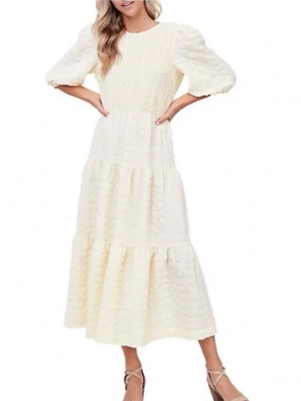 Anthropologie En Saison Textured Tie-Back Midi Dress Butter Yellow SZ SM